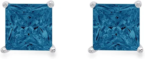 Vista 2 de Pendientes de tuerca de diseño de topacio azul londinense VVS1 de 2,0 quilates con corte princesa solitario natural, oro blanco de 14 quilates