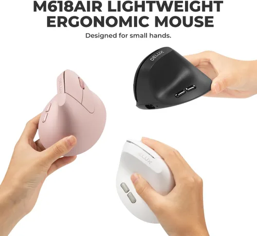 Vista 9 de DELUX Mouse vertical ergonómico inalámbrico para manos pequeñas, mouse vertical recargable, ligero, 4000 DPI, 6 botones, 2.4 G+BT5.2 modo dual