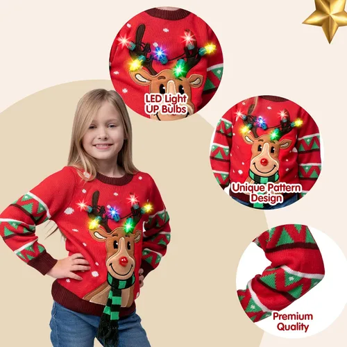Vista 4 de JOYIN Kid's Christmas Ugly Sweater LED Light Up Reindeer Xmas Sweater Built-in Light Bulbs for Boys Girls