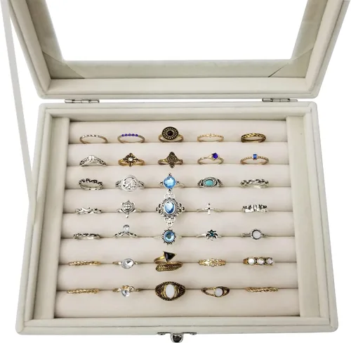 Vista 3 de Caja organizadora de anillos de terciopelo con tapa transparente para mujeres, niñas y adolescentes, joyero pequeño de cristal, color beige