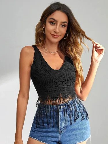 Vista 3 de Verdusa Camiseta corta sin mangas con cuello en V y encaje guipur para mujer