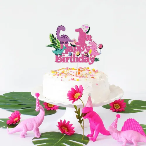 Vista 3 de Decoración para pastel de 1er cumpleaños de dinosaurio rosa, princesa real número 1 para tartas de dinosaurio, temática de dinosaurio, baby shower