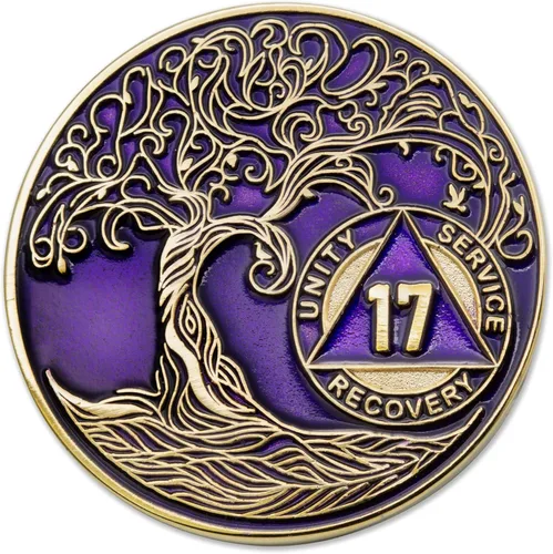 Vista 76 de 1 año Sobriety Mint Twisted Tree of Life Medallón de recuperación AA chapado en oro, chip/ficha - negro