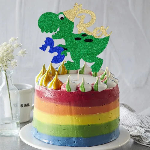 Vista 4 de Decoración para pastel de dinosaurio T-Rex con purpurina