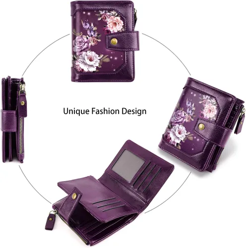 Vista 6 de Cartera pequeña para mujer, con bloqueo RFID, de piel, compacta, con bloqueo RFID, con cremallera y ventana de identificación, flores moradas