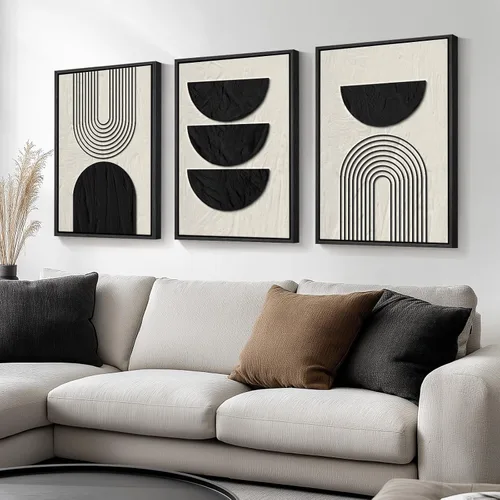 Vista 38 de Arte de pared abstracto moderno enmarcado en blanco y negro, 3 piezas de impresiones en lienzo pinturas obras de arte para paredes, cuadros Negro