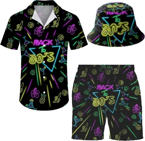 Vista 26 de Conjunto deportivo de 2 piezas para hombre, camisa hawaiana, pantalones cortos, camisa con botones y pantalones cortos con sombreros de pescador