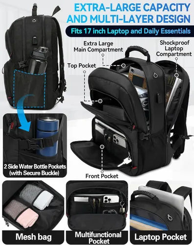 Vista 3 de ProEtrade Mochila de viaje extra grande para portátil, antirrobo, para escuela y negocios, con puerto de carga USB, para portátil de 17 pulgadas