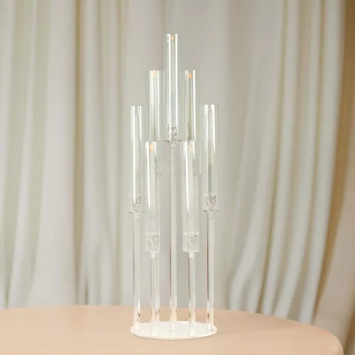 Vista 24 de Efavormart - Candelabro de acrílico transparente con 9 brazos, soporte para velas con base cuadrada, 4 pies de alto