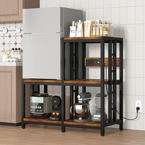 Vista 9 de Mini soporte para refrigerador con almacenamiento con toma de corriente, soporte para horno de microondas, estante para panaderos con estante