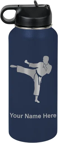 Vista 62 de Botella de agua personalizada LaserGram, Karate Man, de acero inoxidable con aislamiento al vacío de doble pared con tapa abatible, regalo grabado