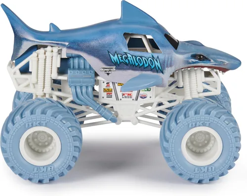 Vista 3 de Monster Jam, Camión monstruo oficial de Megalodon - Edición original retro de 2017, escala 1:24, vehículo fundido a presión y neumáticos BKT