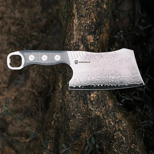 Vista 2 de Cuchillo de carnicero, cuchillo de chef de 6 pulgadas con funda, cuchillo de carnicero de espiga completa con mango verde G10, acero de damasco