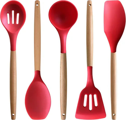 Vista 19 de Juego de 4 utensilios de cocina de silicona, juego de utensilios de cocina grandes antiadherentes con mango de madera, grado alimenticio, resistente