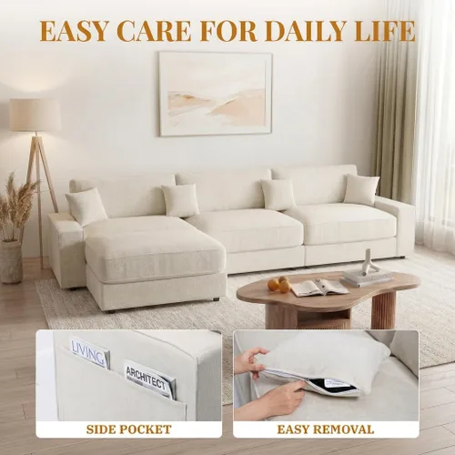Vista 4 de Opoair - Sofá modular de gran tamaño de 114 pulgadas, sofá en forma de L con otomana móvil, cómodos sofás de nube de 4 asientos con asiento Beige
