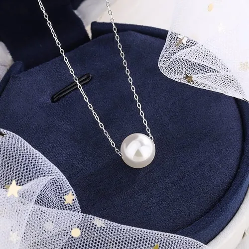 Vista 3 de Gargantilla flotante de plata de ley 925 con perlas de concha de 0.315in, collar de dama de honor para mujer, color blanco (CYX0009), Perla, Perla
