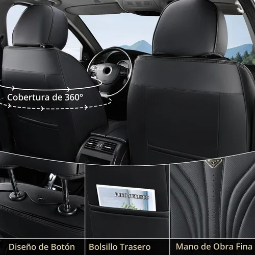 Vista 2 de FLORICH Juego completo de fundas para asiento de coche, fundas de asiento de cuero, fundas universales de lujo para 5 asientos en color negro