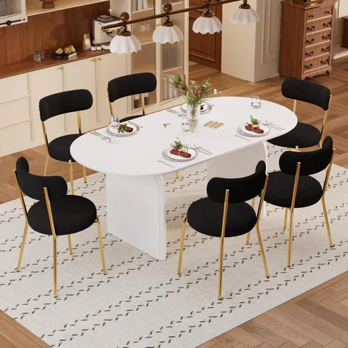 Vista 3 de Juego de mesa de comedor ovalada moderna de 70 pulgadas con 6 sillas de tela Boucle, mesa de MDF y base resistente a rayas, muebles de cocina