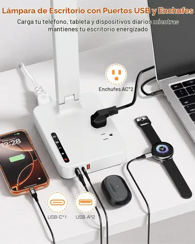 Vista 3 de cozoo - Lámpara de escritorio LED para dormitorio, oficina, USB-C, toma de CA, luz de lectura, color blanco