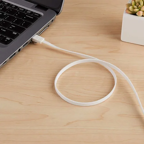 Vista 5 de Amazon Basics Cable plano Ethernet RJ45 Cat 6 de 10 Gbps de 100 pies, para exteriores e interiores, color blanco, con clips para router, módem