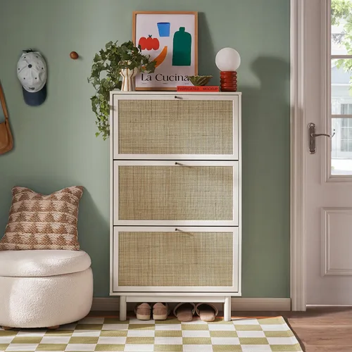 Vista 10 de mopio Hannah - Gabinete para zapatos, organizador de almacenamiento de zapatos estilo granja de ratán natural, estante de armario de 3 puertas