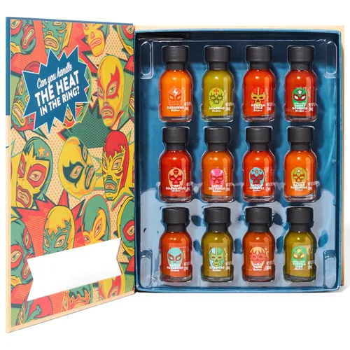 Vista 7 de Thoughtfully Gourmet, Luchador Hot Sauce Book Set de regalo, sabores incluyen bourbon ahumado, habanero, ajo del Fuego y más, muestra de salsa