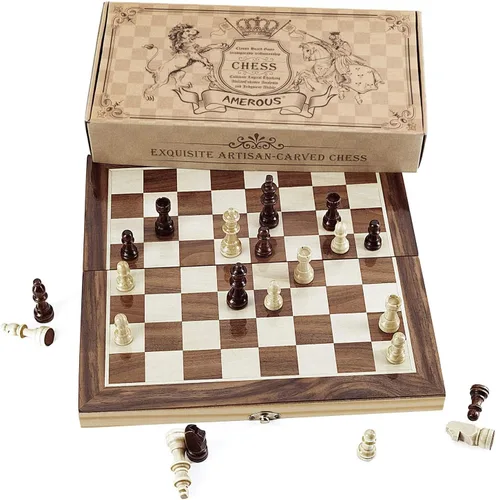 Vista 2 de Juego de ajedrez plegable de madera estándar 12x12 pulgadas, juego de mesa estándar de ajedrez internacional con piezas magnéticas hechas a mano.