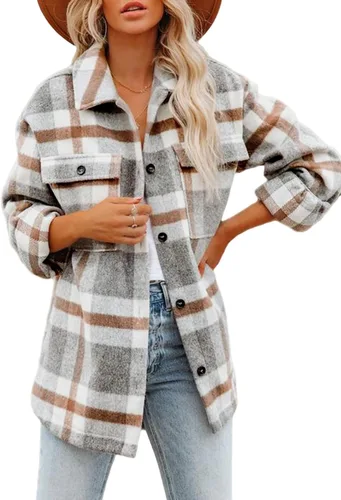 Vista 24 de Beaully Chaqueta-Camisa de Franela a Cuadros para Mujer, Trajes de Otoño 2025, Camisa de Manga Larga con Botones, Chaqueta Abrigo con Bolsillos Negro