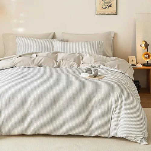 Vista 9 de Wake In Cloud - Juego de funda de edredón a rayas de algodón, rayas de cuadro de granja, 100% ropa de cama de algodón, 3 piezas, gris blanco