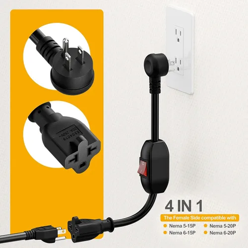 Vista 2 de Cable de extensión de interruptor de encendido/apagado 4 en uno en ángulo resistente 12-AWG 15A enchufe doméstico a 20 A T Blade Cable adaptador