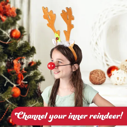 Vista 7 de Christmas Holiday Reindeer Antlers Headband w Light Up Nose Costume Deer Rudolph Outfit for Adult Men Women, Kids Party Favor