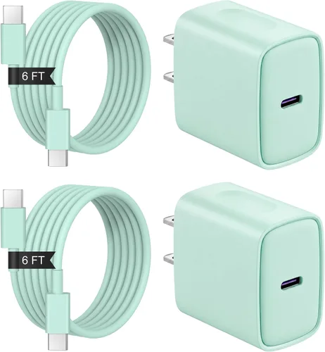 Vista 19 de Cargador de carga rápida para iPhone 17, 16, 15, paquete de 2+2 cargadores de pared USB C de 20 W con cable de carga rápida de 6 pies compatible