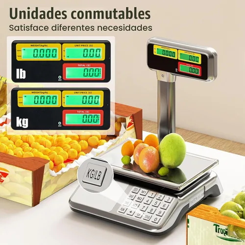 Vista 5 de S AFSTAR Báscula de cálculo de precios con pantalla de poste, báscula comercial de alimentos de 88 lb con plataforma de acero inoxidable, batería