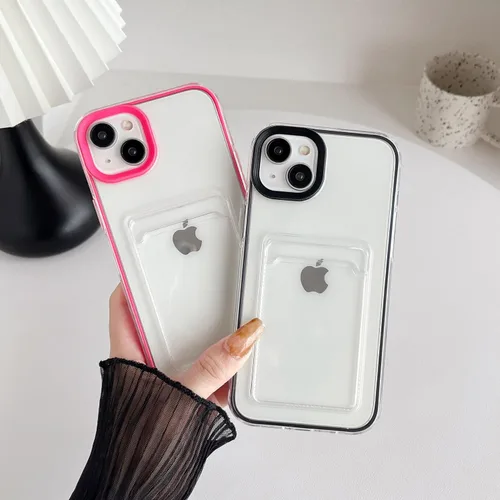 Vista 3 de Caseative Funda para iPhone 14 Plus, tarjetero de color caramelo, transparente, a prueba de golpes, compatible con carga inalámbrica Claro