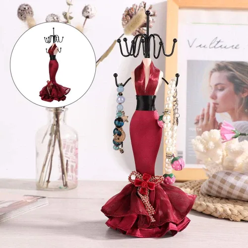 Vista 6 de Soporte de joyería, 4 piezas con colgante, collar, aretes, pulsera, anillo, zapatos, vestido, joyería, modelo, soporte de exhibición (rojo vino)