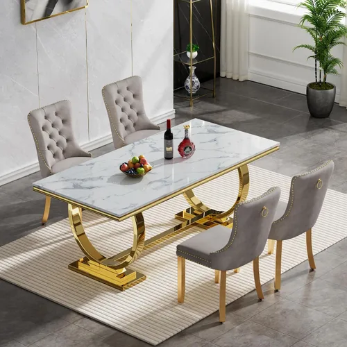 Vista 2 de HomVent - Juego de mesa de comedor de mármol sintético dorado de 68 pulgadas con 4 sillas de terciopelo gris Modern Dinner Table Set for 4,Faux