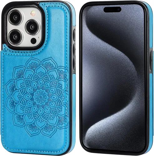 Vista 3 de Vaburs Funda compatible con iPhone 15 Pro con tarjetero y diseño de mandala en relieve, de piel sintética, doble botones, a prueba de golpes