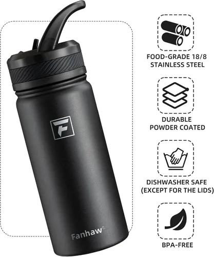 Vista 3 de Fanhaw Botella de Agua Aislada para Niños de 18 Oz con Tapa de Pajita – Acero Inoxidable de Doble Pared al Vacío, A Prueba de Fugas, Botellas