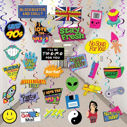 Vista 6 de Remolinos colgantes de los años 90, 32 piezas, decoraciones de fiesta de regreso a los 90, suministros y recuerdos