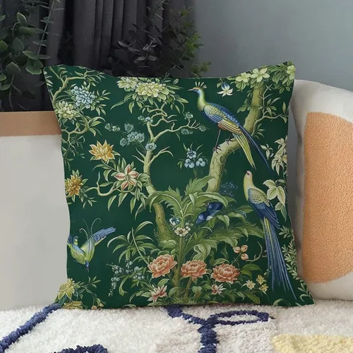 Vista 3 de Fundas de almohada chinoiserie verde turquesa floral y pájaro con cremallera de 16 x 16 pulgadas, fundas de almohada de lino para sofá, dormitorio