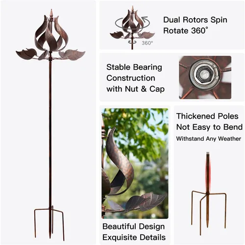 Vista 5 de Molinillos de viento de tulipanes para exteriores, molinos de viento de metal grandes para patio jardín con estaca de tierra, molino de viento