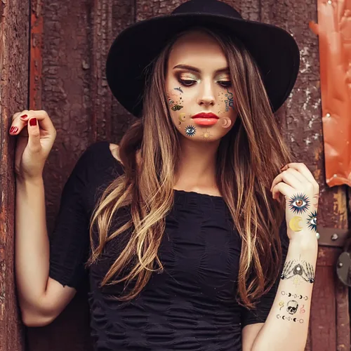 Vista 5 de Cheerland Tatuajes de Halloween, esqueleto, tatuajes temporales, negro y blanco, gótico, recuerdos de fiesta de cumpleaños, tatuajes de temperatura
