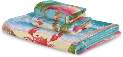 Vista 8 de Pfrewn Juego de 3 toallas de baño de Navidad con flamenco tropical, palmera y cangrejo, toallas de baño, suaves y absorbentes, toallas de mano