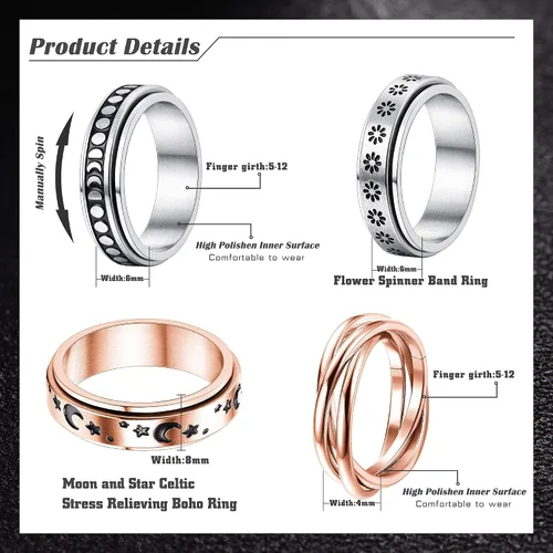 Vista 2 de FUNRUN JEWELRY Juego de 4 anillos giratorios de acero inoxidable para mujeres y hombres, anillos de banda para la ansiedad, luna, estrella, celta