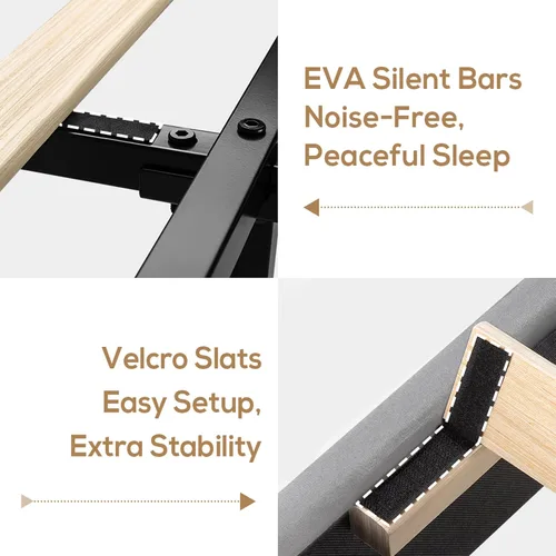 Vista 6 de Base de cama tapizada de terciopelo tamaño Queen con cabecero, listones de madera fuertes, somier opcional, base de colchón, fácil montaje, gris