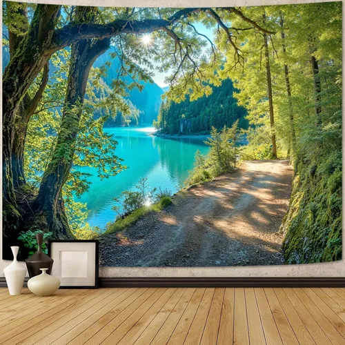 Vista 51 de Zussun Tapiz de Bosque Natural de Montaña Tapiz Verde de Pino Luz Solar Selva para Dormitorio Estético Planta Paisaje de Montaña Tapices Pequeños