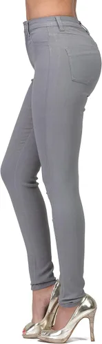 Vista 2 de Jeans elásticos de tiro alto para mujer, diseño ajustado y desgastado, disponible en color verde oliva, mostaza y rojo