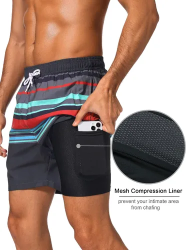 Vista 2 de SILKWORLD Quick Dry Mens Swimming Trunks with Compression Liner Bathing Suit Swim Shorts with Zip Pockets