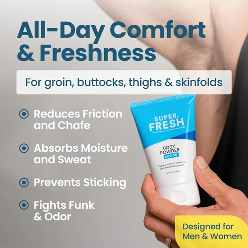 Vista 2 de SweatBlock - Loción en polvo corporal súper fresca, sin talco, antirozaduras, desodorizante, ingredientes naturales, loción corporal en polvo sin
