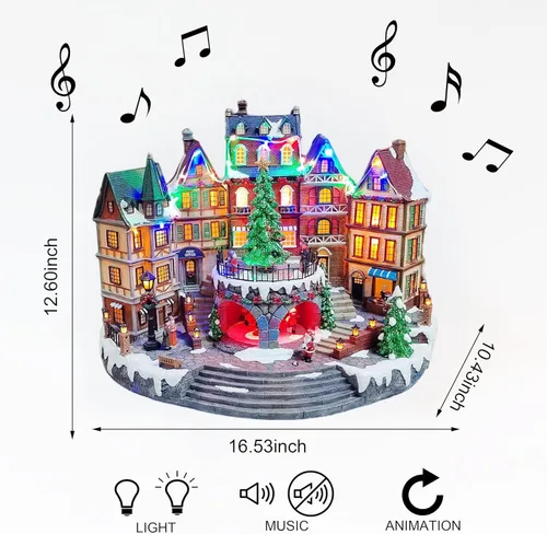 Vista 4 de MOMENTS IN TIME Figura animada del ayuntamiento del centro de la ciudad 32 cm Edificio iluminado de pueblo navideño con árbol giratorio, luces LED